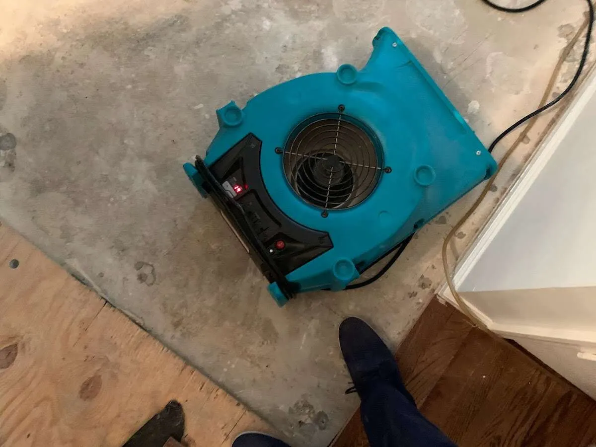 Air mover drying subfloor during Leak Detection & Repair in Marlborough